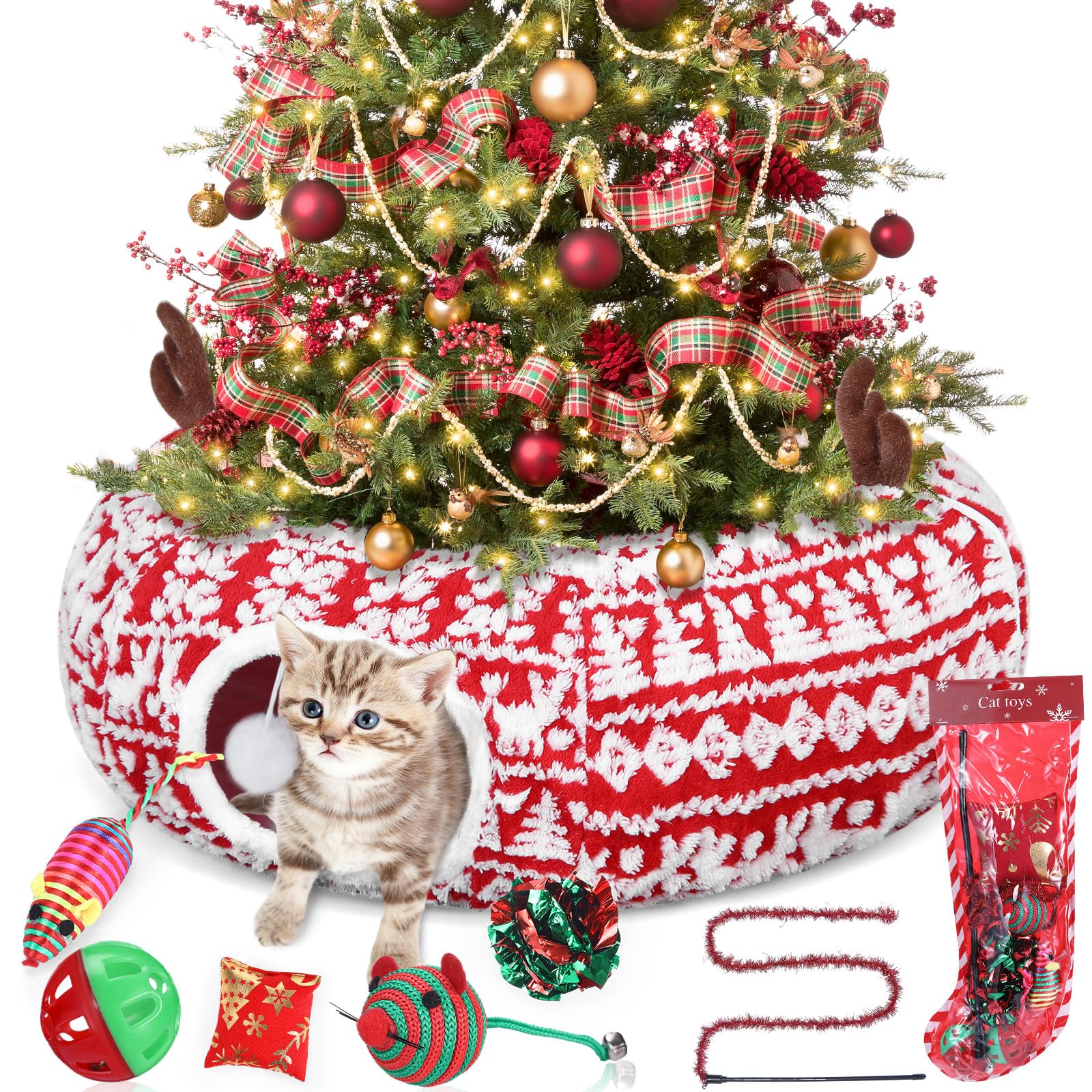 Dansydaisy cat tunnel Christmas tree skirt offers festive play and cozy space.