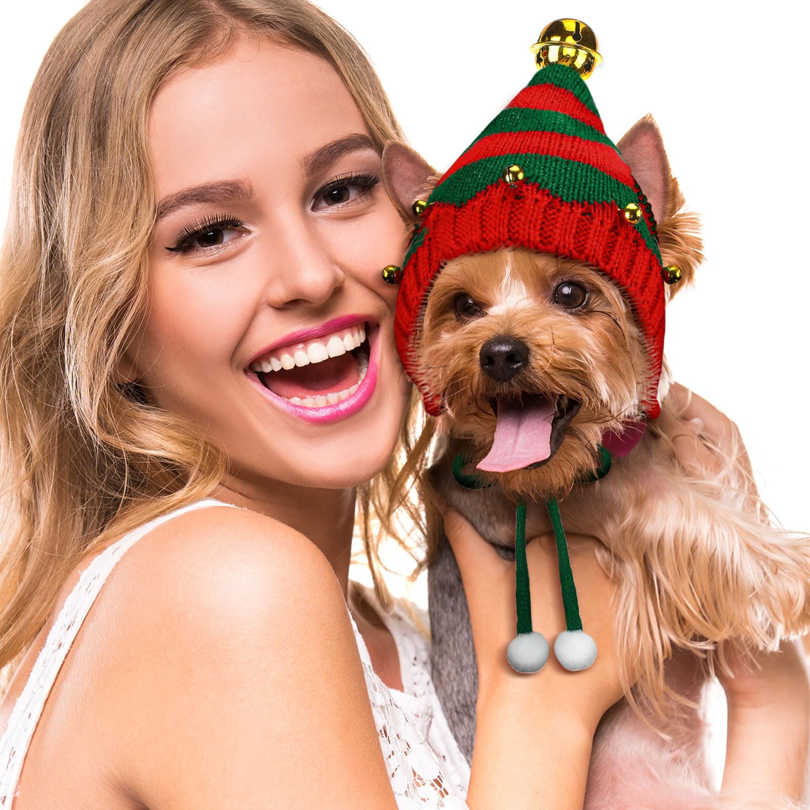 Dansydaisy knitted Santa hat style 2 showing white plush ball accessory for holiday warmth.