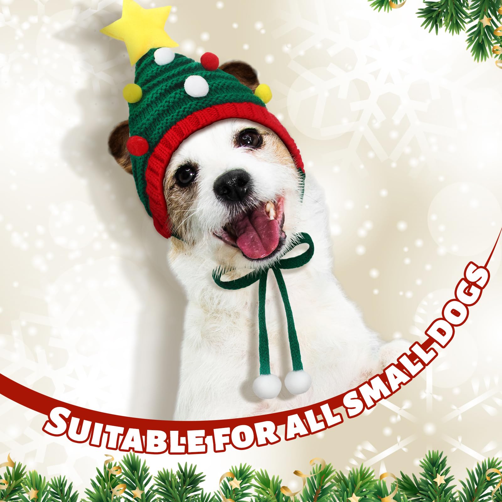 Dansydaisy dog hat with gold bell on green stripe for Christmas outfits.