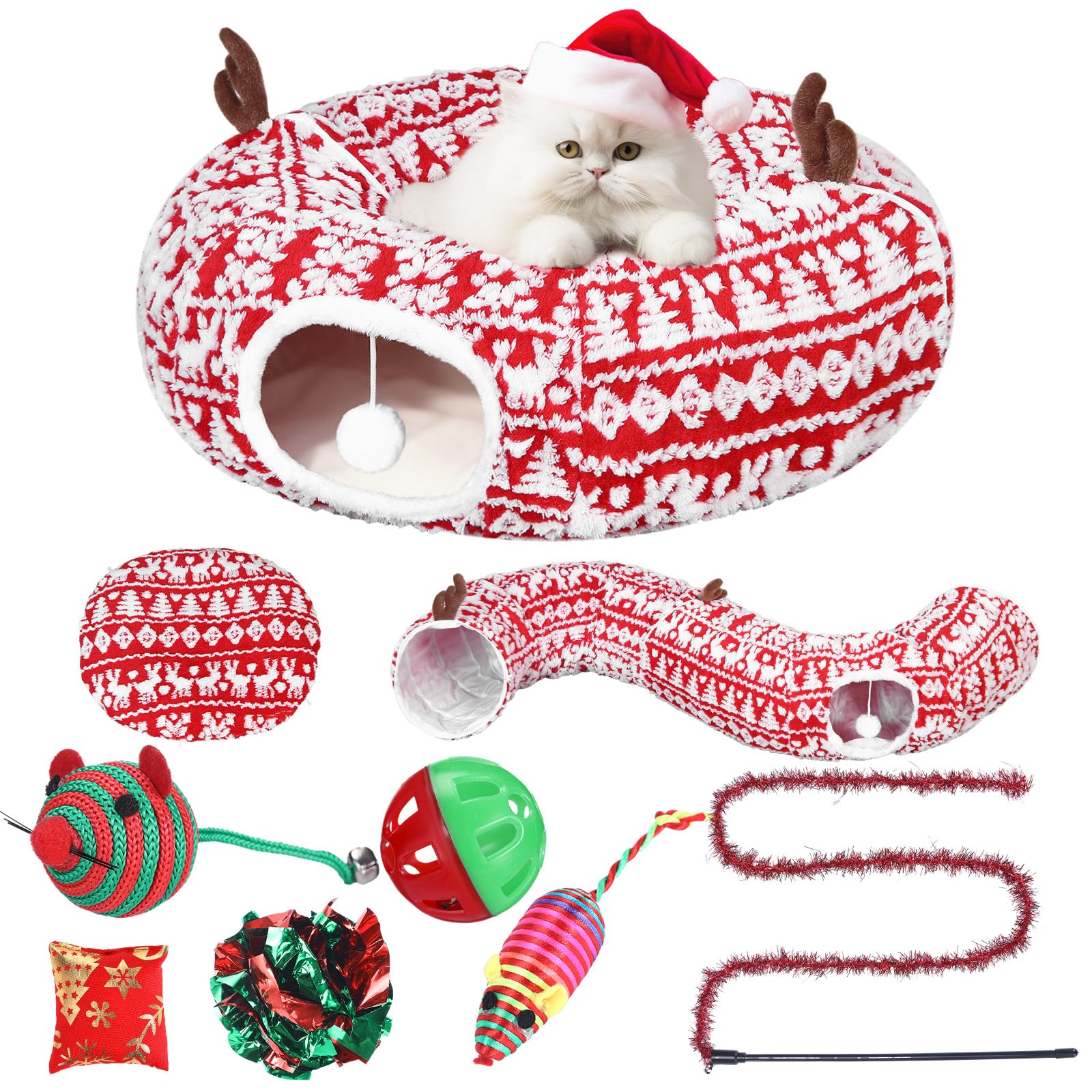 Dansydaisy snowflake-deer cat tunnel bed provides soft warmth for nap time.