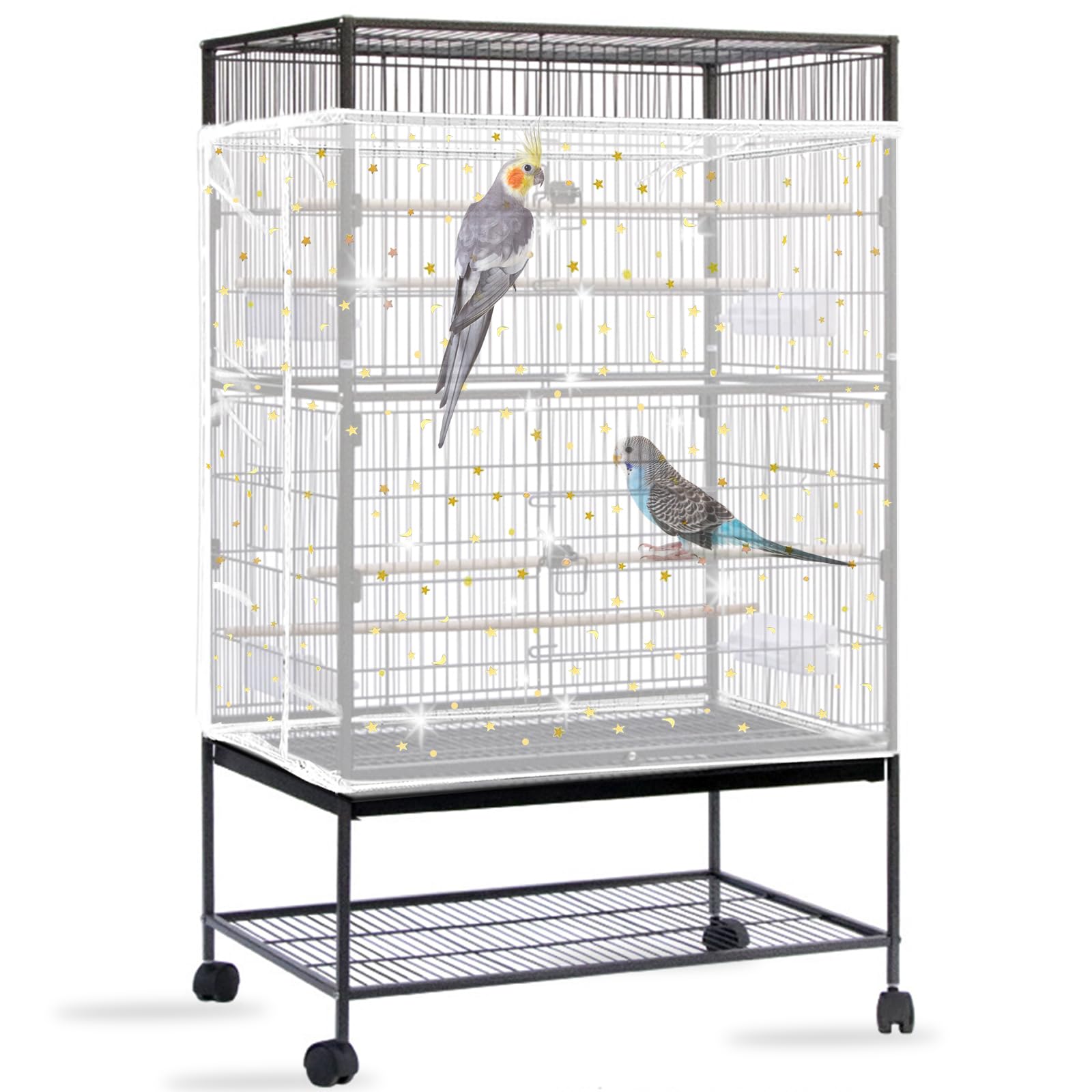 Daoeny bird cage seed catcher with white sequins star, front view, mess reduction.