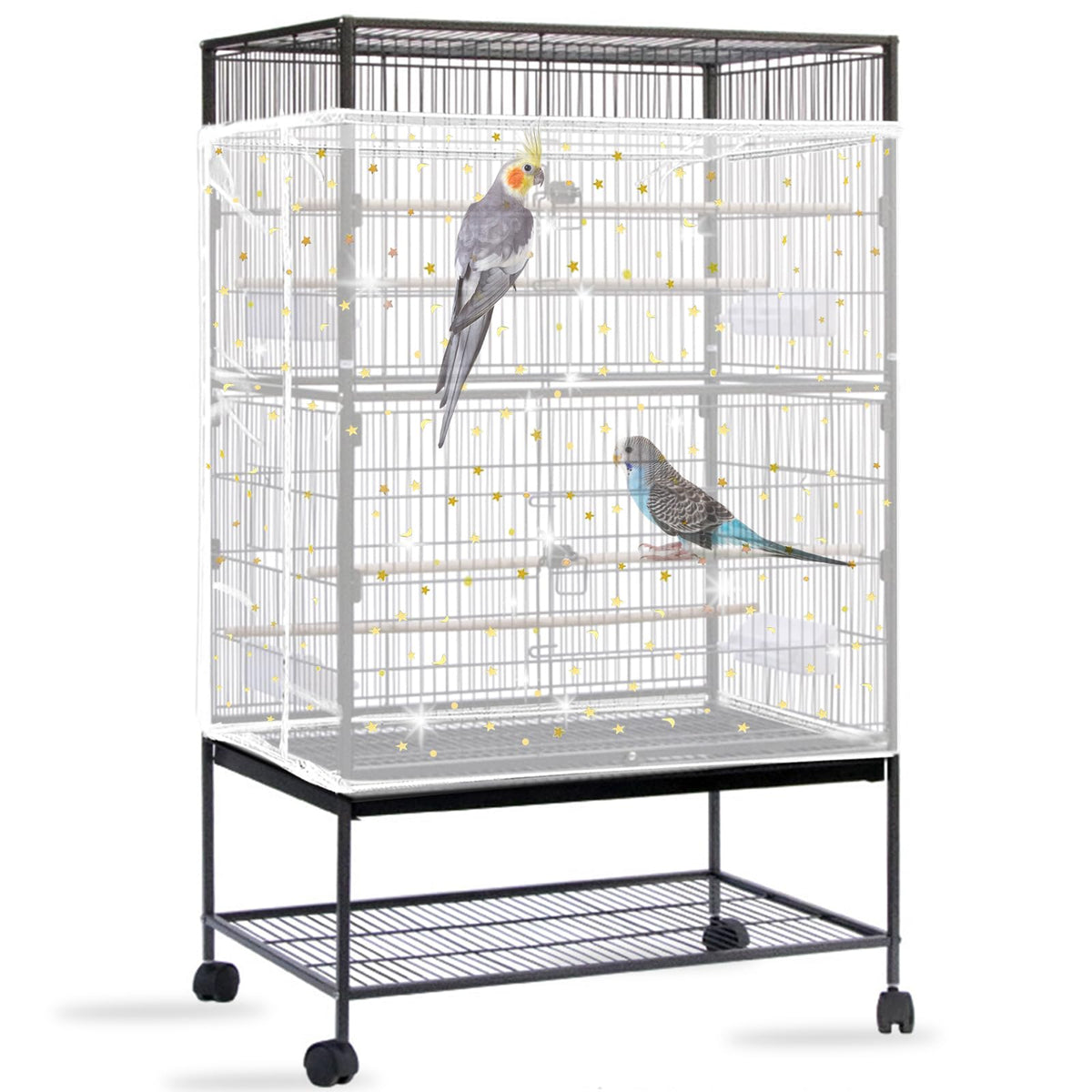 Daoeny bird cage seed catcher with white sequins star, front view, mess reduction.