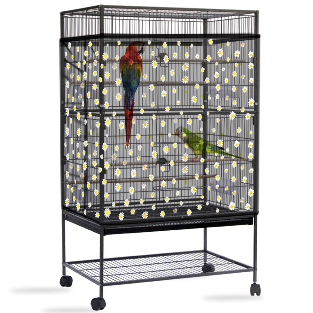 Daoeny seed catcher cover close-up reveals durable, mess-reducing fabric with a daisy design