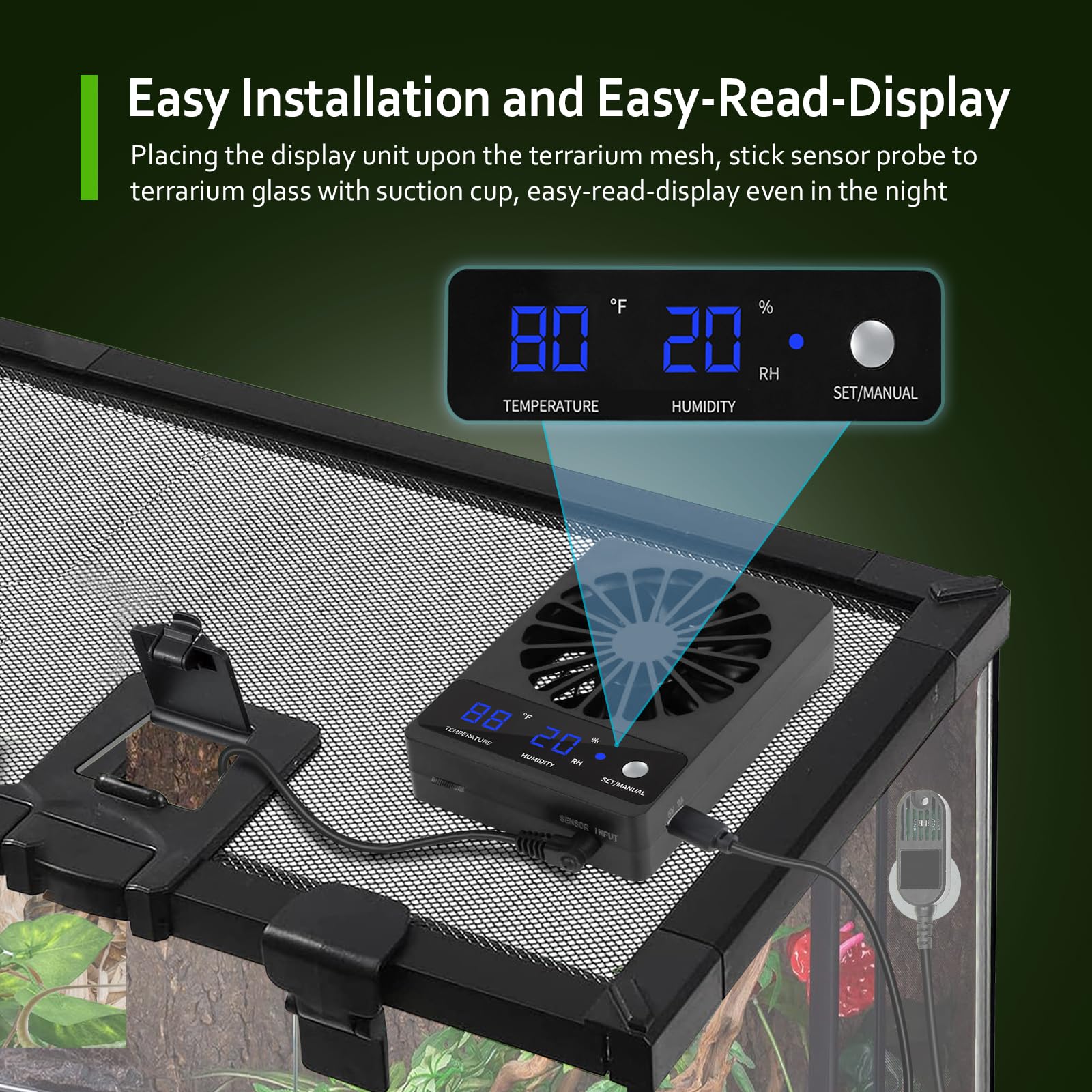 DAOTAILI reptile tank fan auto ventilation triggers airflow when humidity rises
