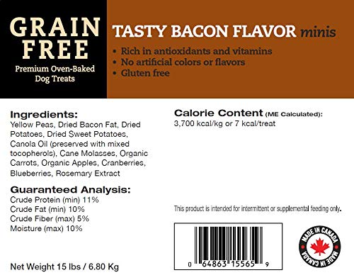 Darford Grain Free Tasty Bacon Minis closeup of biscuits; savory flavor for tasty rewards.