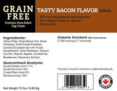 Darford Grain Free Tasty Bacon Minis closeup of biscuits; savory flavor for tasty rewards.