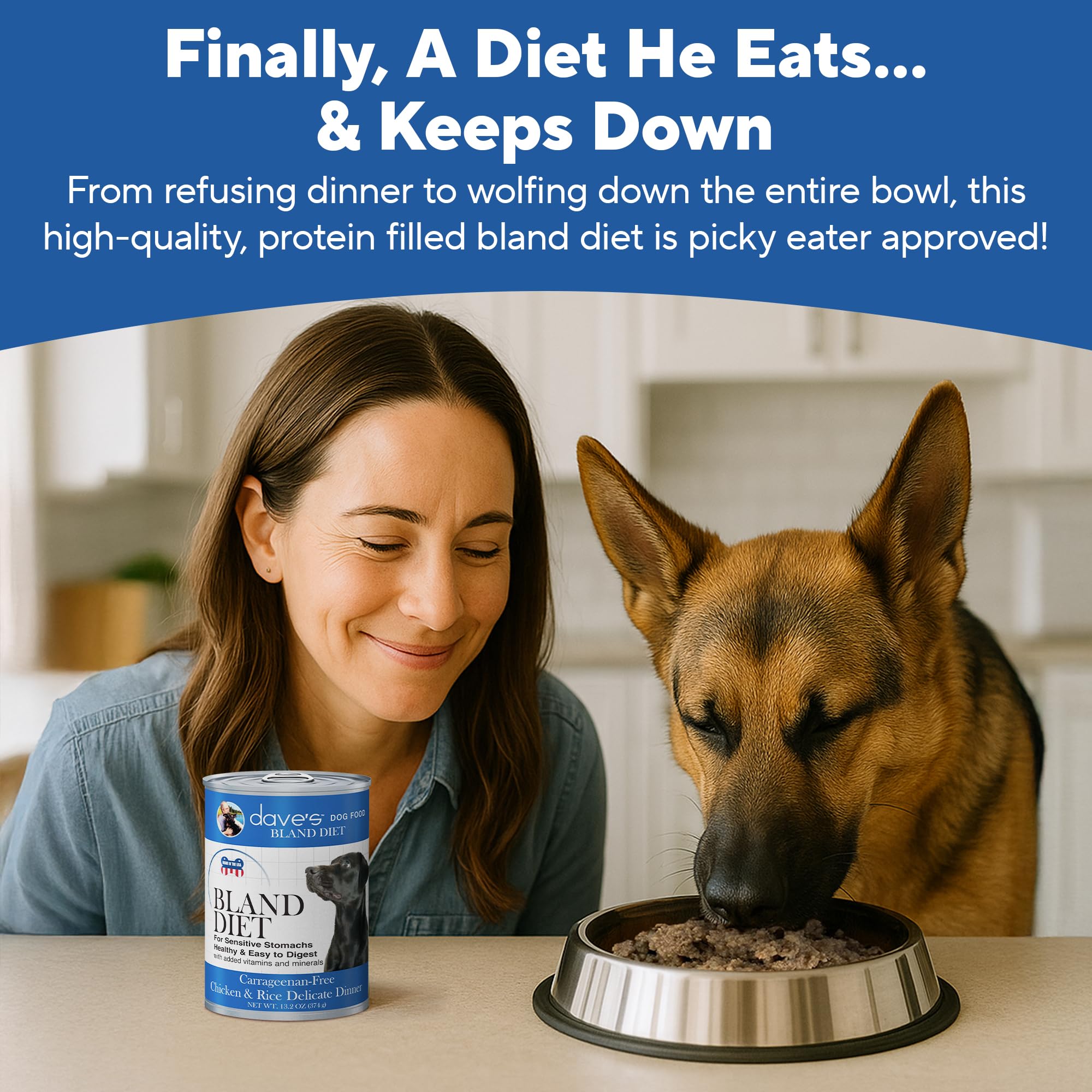 Dave's Pet Food Bland Diet topper image suggests using as a kibble topper to entice meals.