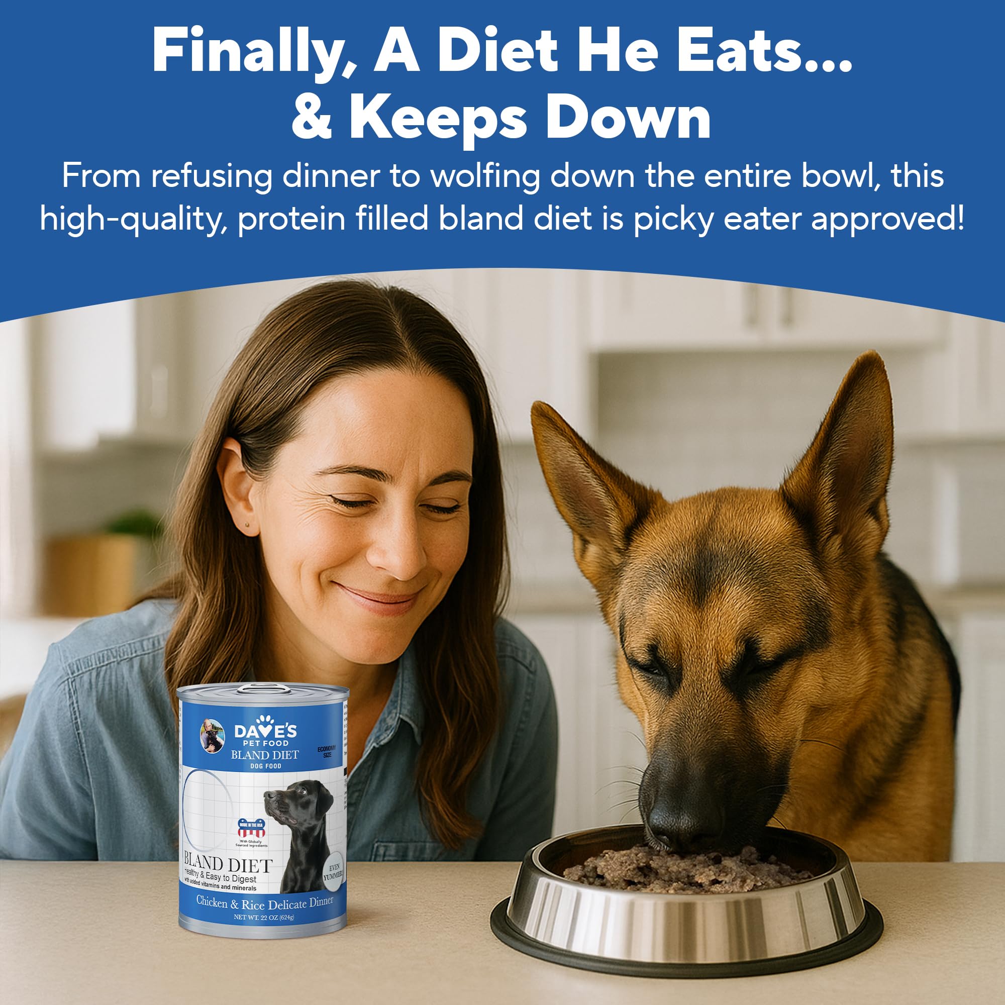 Dave's Pet Food Bland Diet kibble closeup emphasizes digestible chicken and rice texture