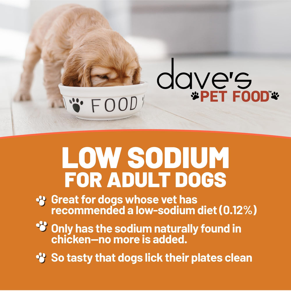 Dave's Pet Food case-of-12 chicken pate demonstrates convenient bulk nourishment with a low-sodium profile.