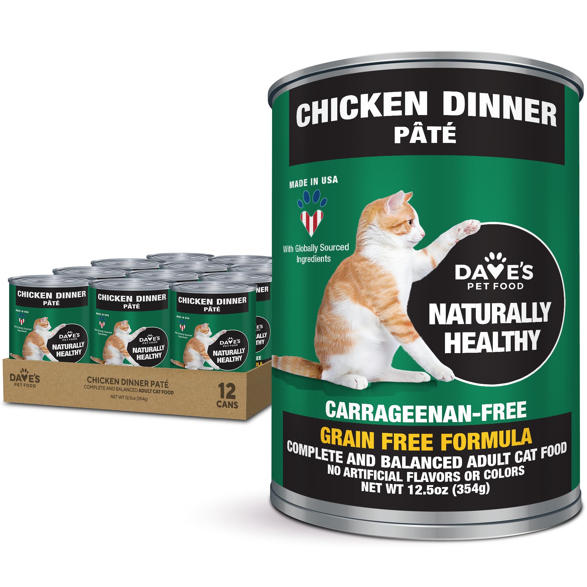 Dave's Pet Food chicken pate cans 12-pack on shelf highlighting grain-free nutrition