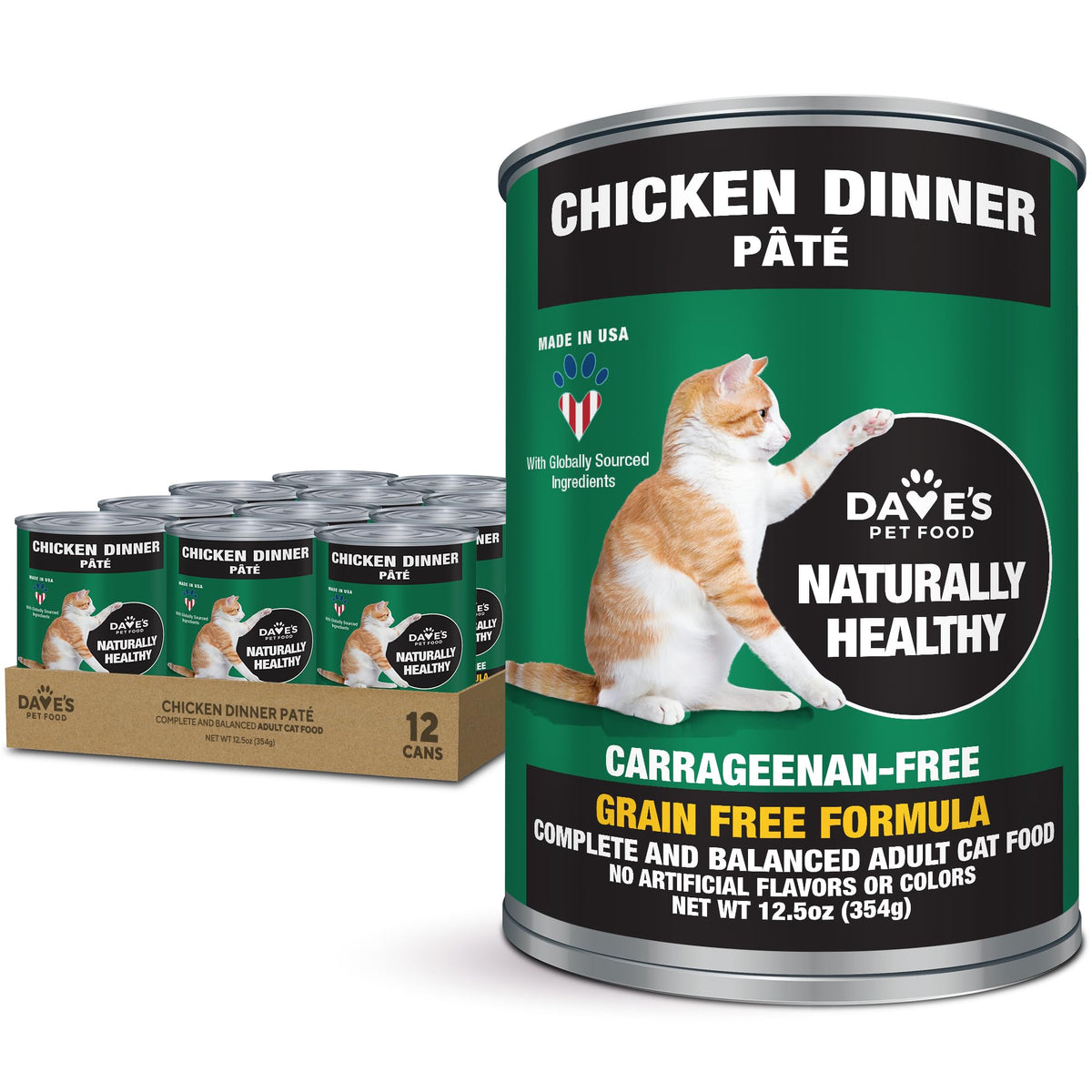 Dave's Pet Food chicken pate cans 12-pack on shelf highlighting grain-free nutrition