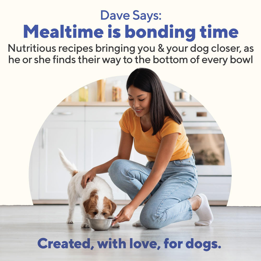 Dave's Pet Food feeding directions chart helps portion meals by weight.