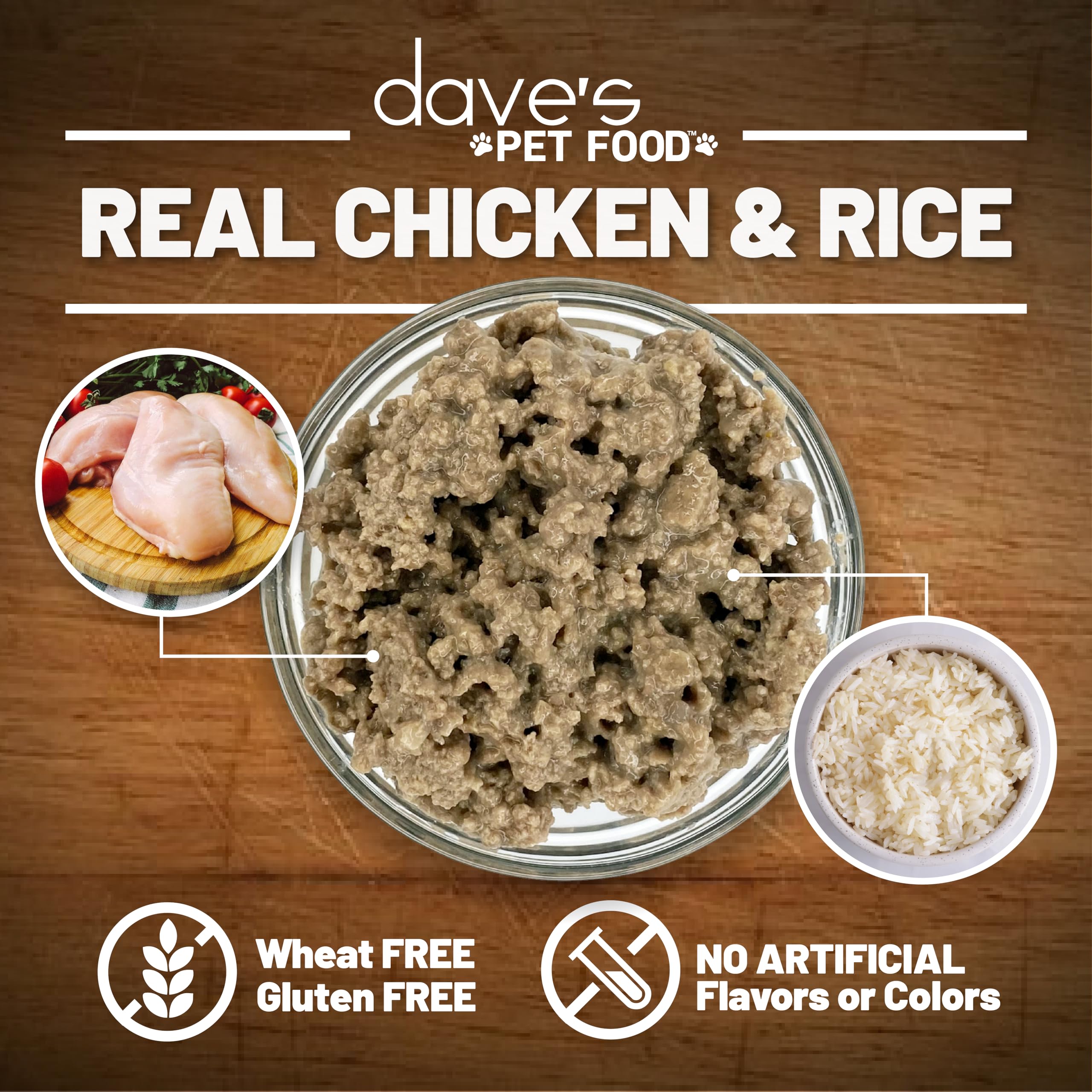 Dave's Pet Food gluten-free dog food bowl emphasizes no wheat or artificial additives.