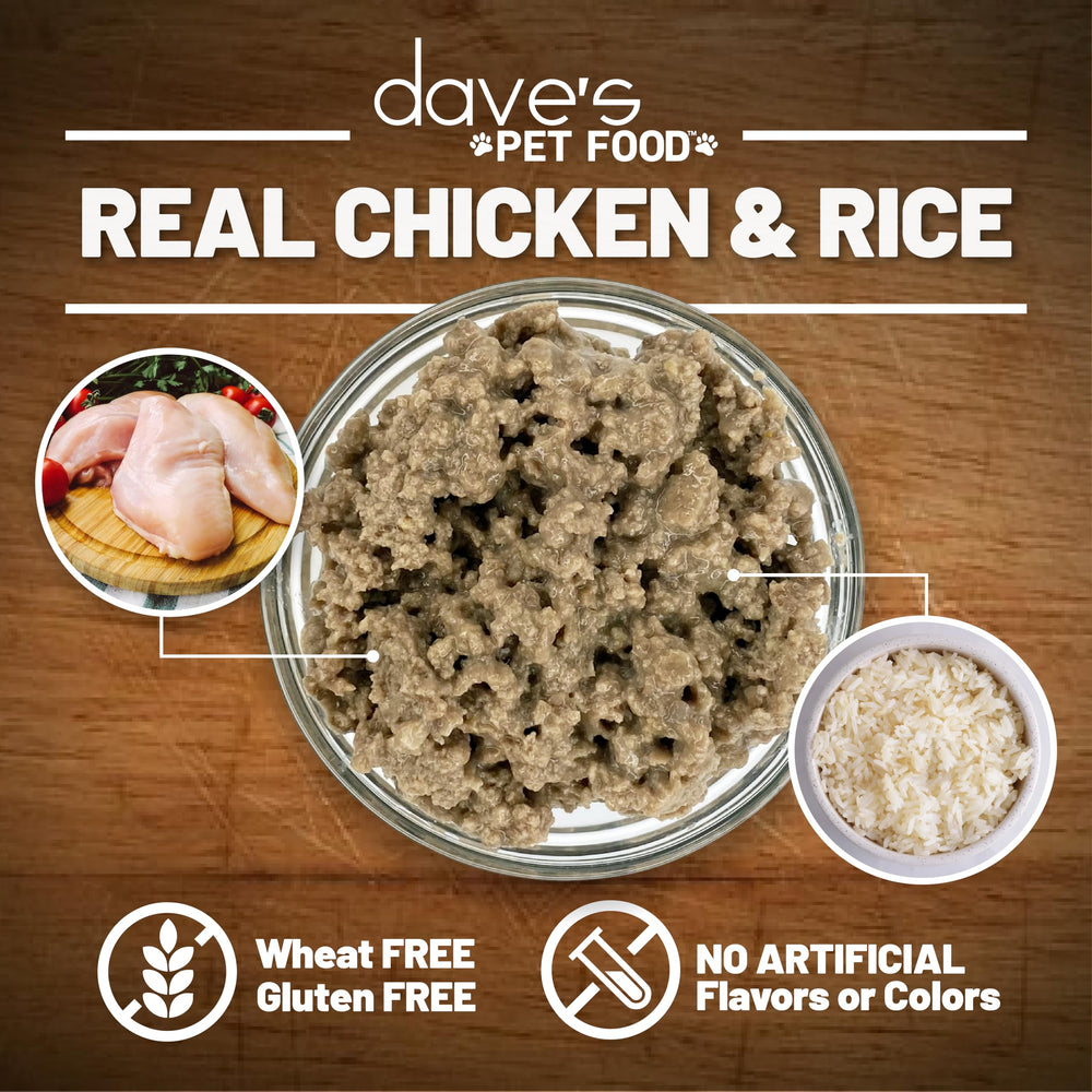 Dave's Pet Food gluten-free dog food bowl emphasizes no wheat or artificial additives.