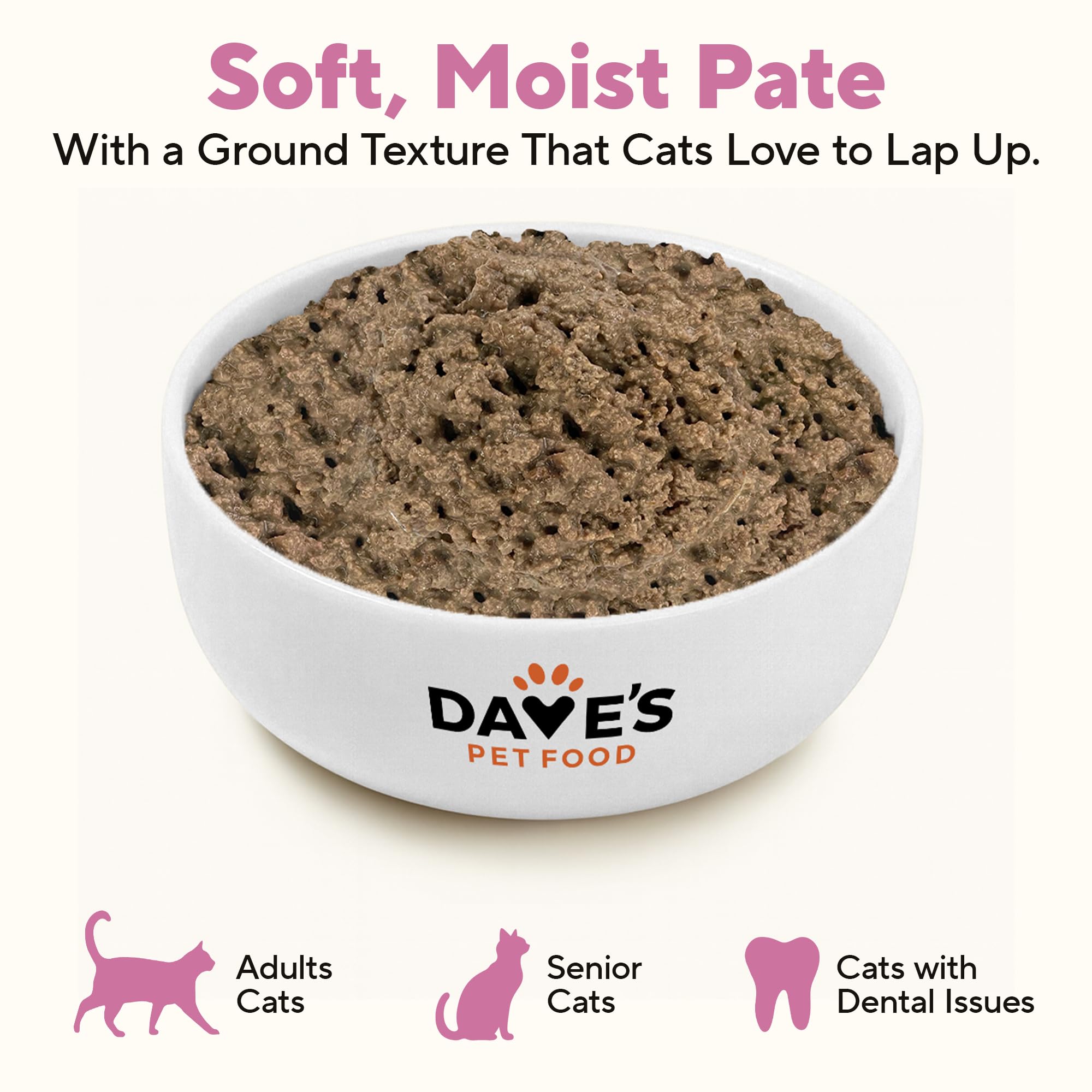 Dave's Pet Food grain-free ingredients close-up, no grains or artificial flavors.