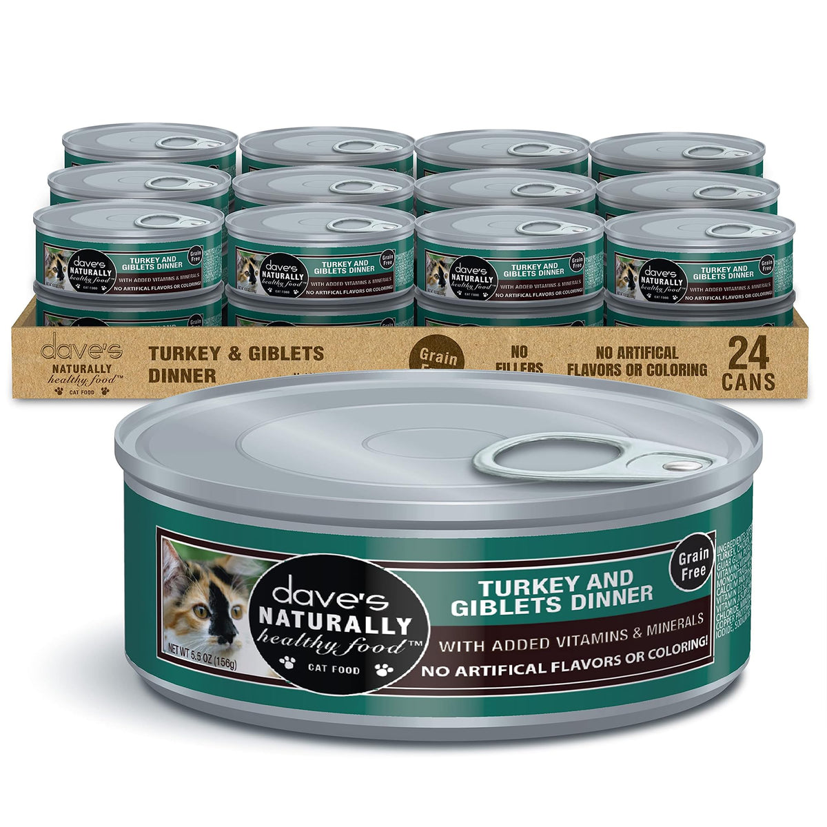 Dave's Pet Food grain-free gravy cat food can close-up with turkey giblets for protein-rich meals