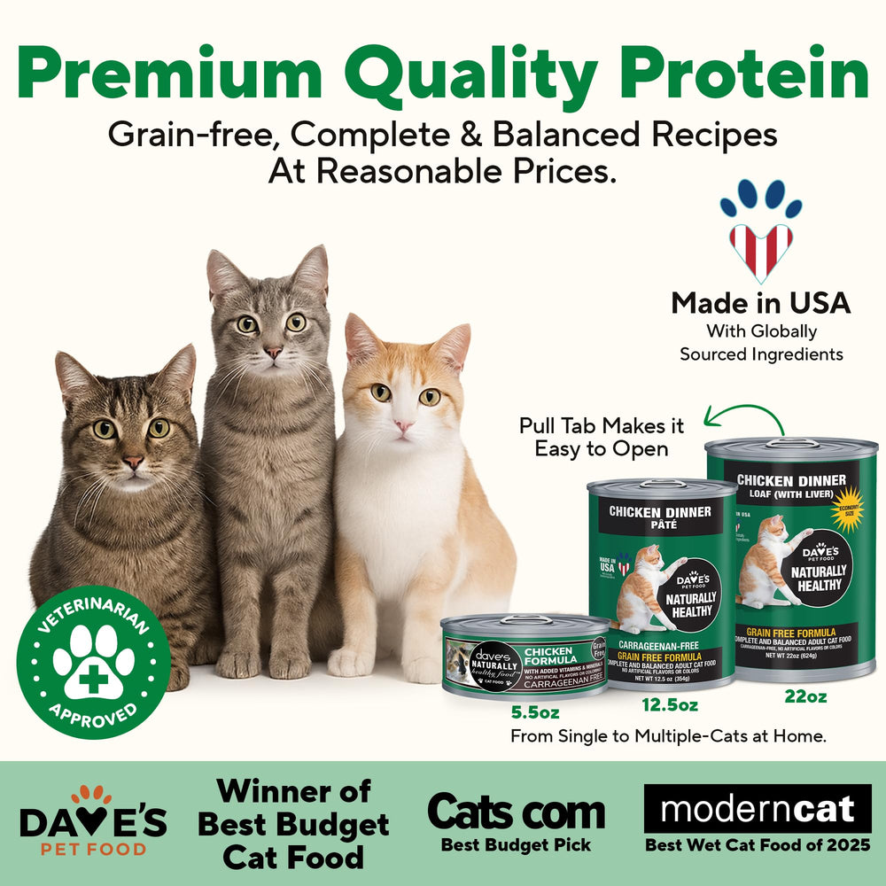 Dave's Pet Food grain-free-wet-cat-food-ingredients highlights natural protein and no grains.