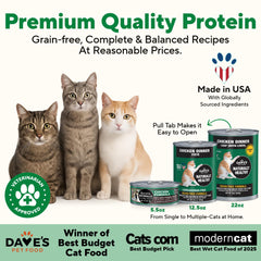 Dave's Pet Food grain-free-wet-cat-food-ingredients highlights natural protein and no grains.
