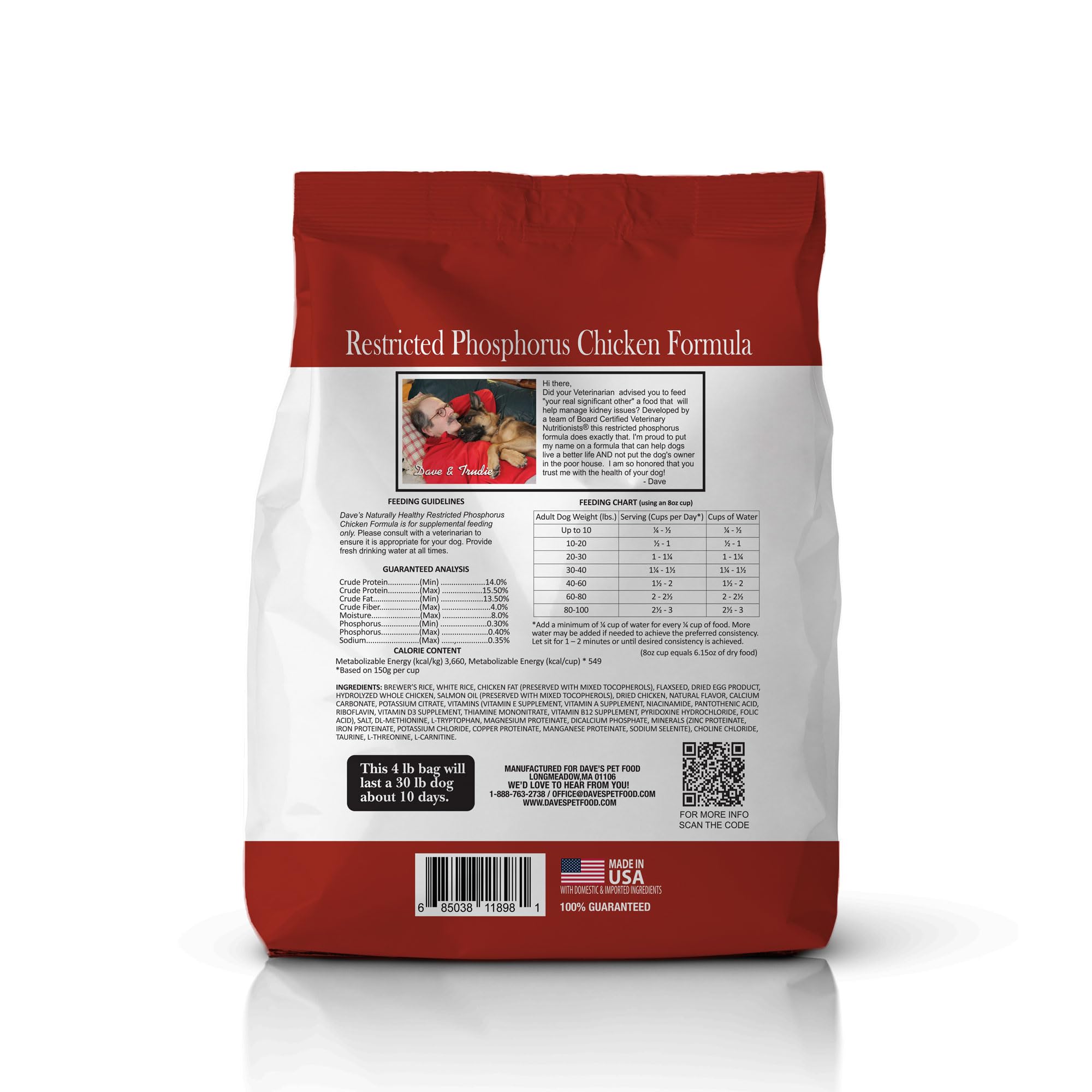Low phosphorus badge on Dave's Kidney Care dog food packaging