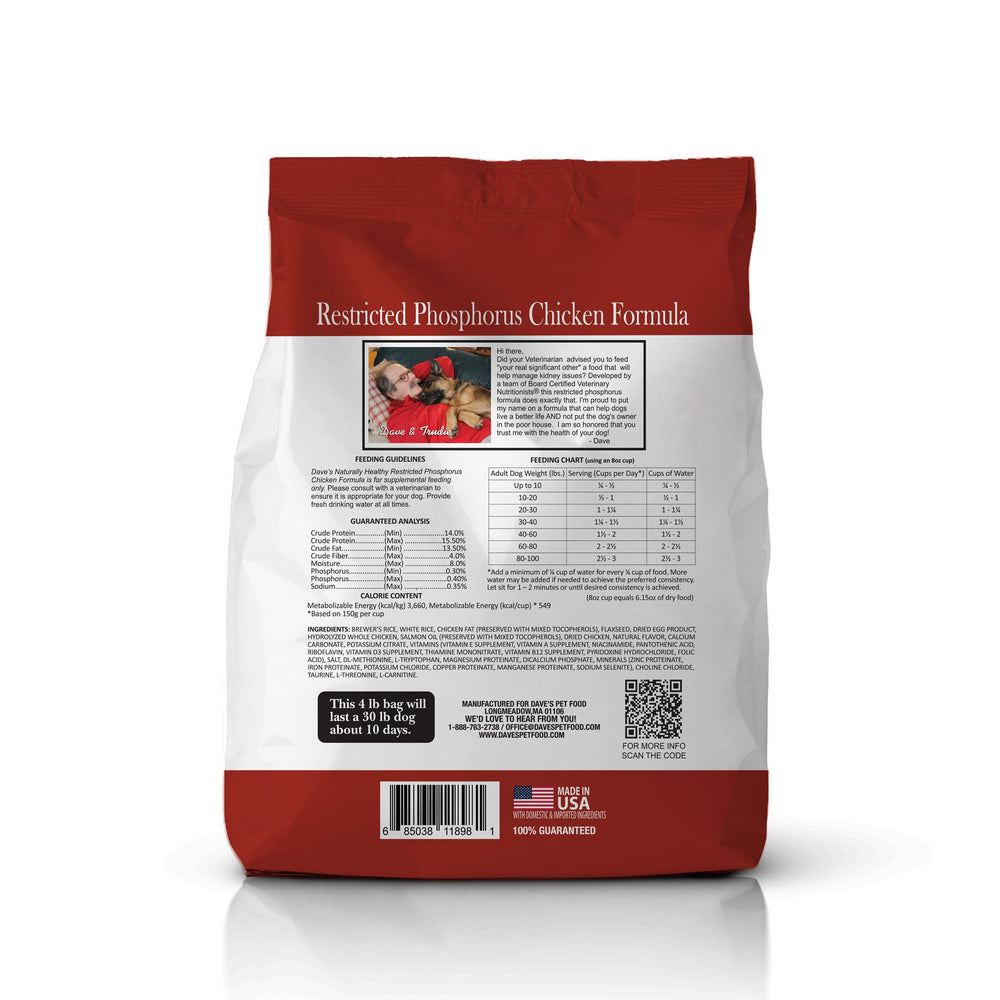 Low phosphorus badge on Dave's Kidney Care dog food packaging