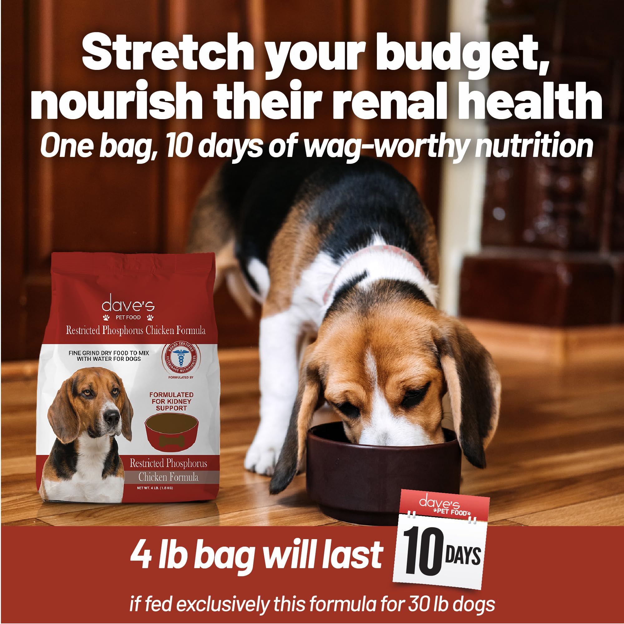 Vet-formulated seal featured on Dave's Kidney Care dog food packaging