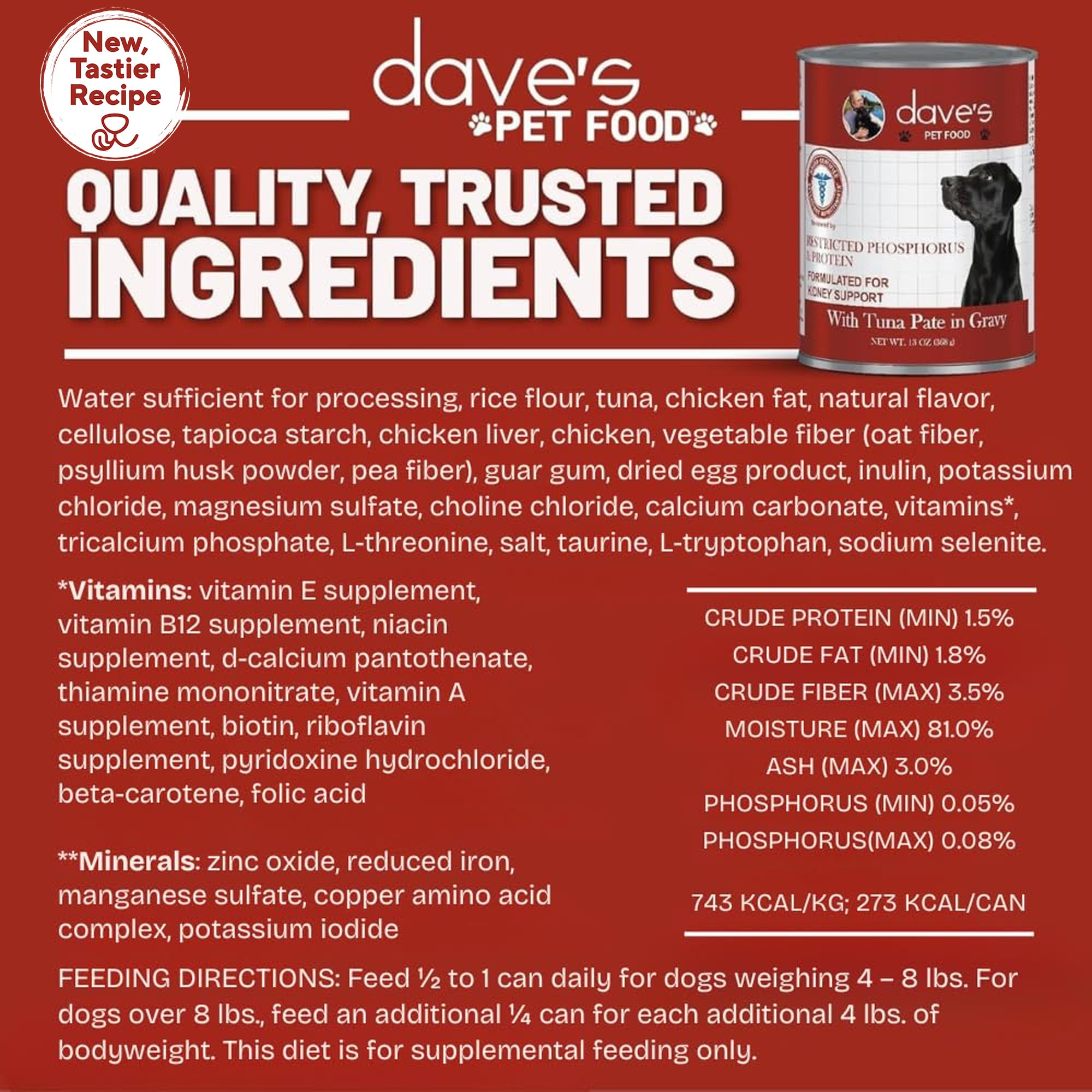 Dave's Pet Food low-phosphorus label highlighting kidney-friendly nutrition