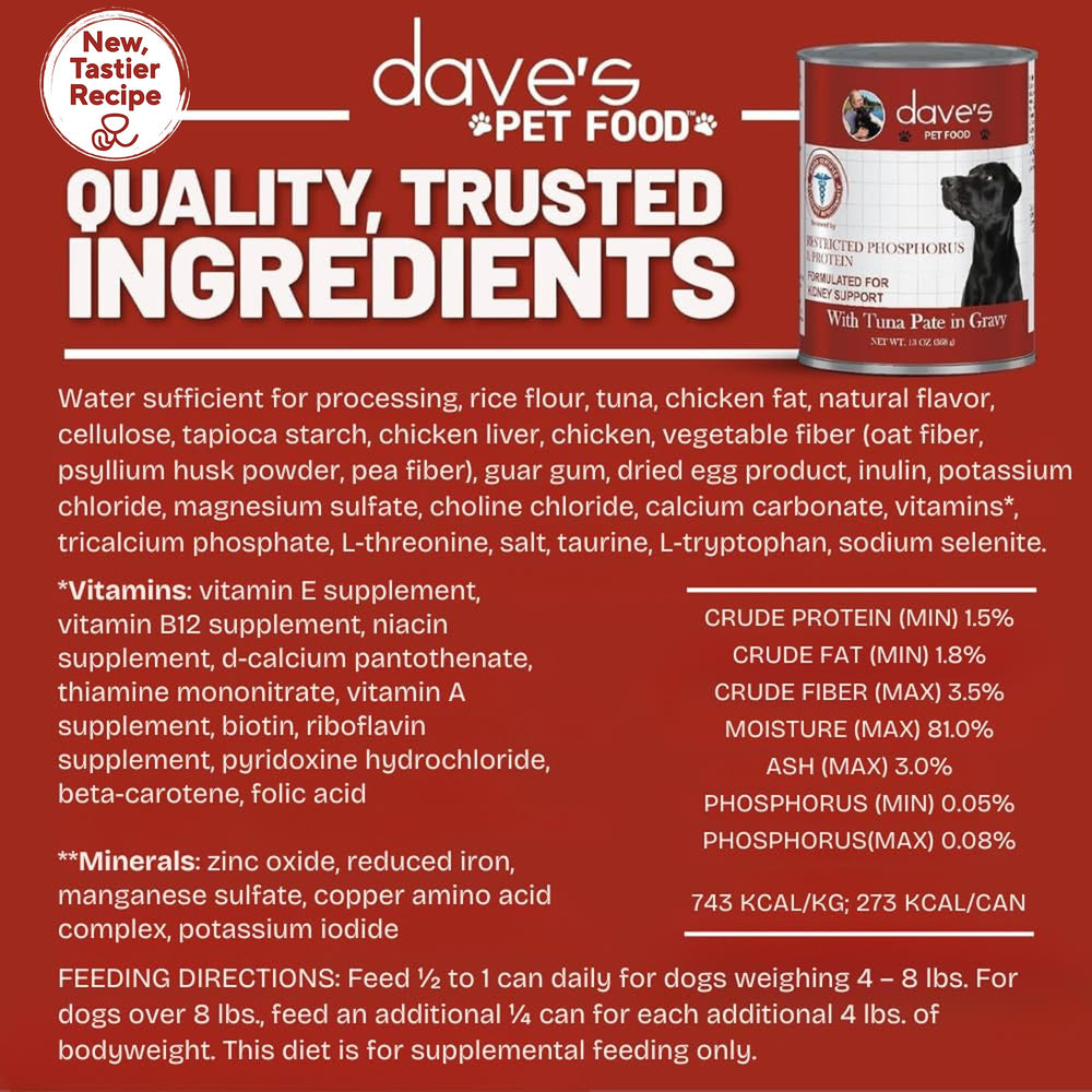 Dave's Pet Food low-phosphorus label highlighting kidney-friendly nutrition