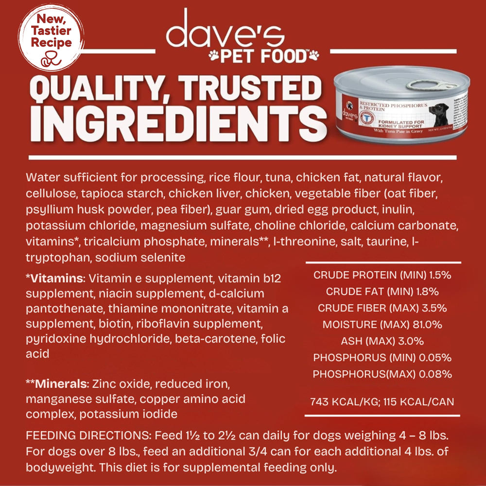 Dave's Pet Food Kidney Support Tuna Pate cans grouped demonstrates convenient non-prescription nutrition.