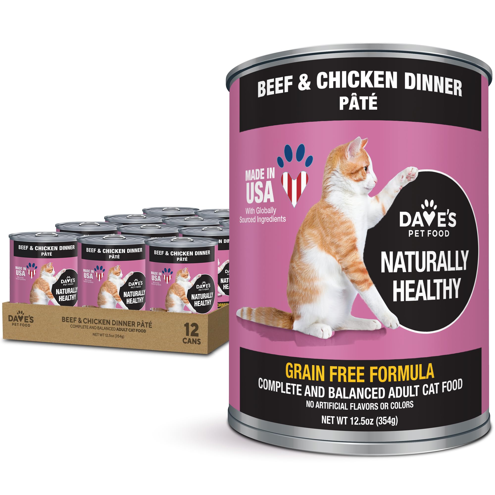 Dave's Pet Food pate-beef-chicken can front, highlighting grain-free protein for cats.