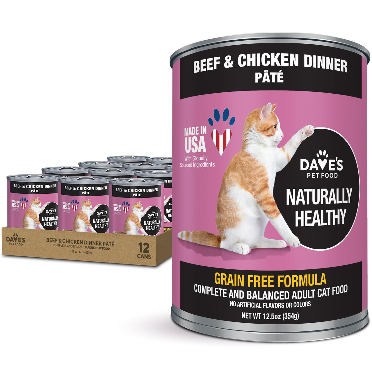 Dave's Pet Food pate-beef-chicken can front, highlighting grain-free protein for cats.