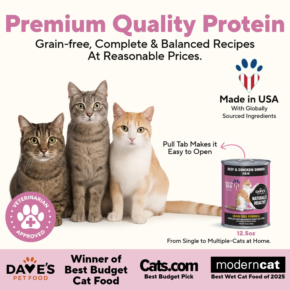 Dave's Pet Food pate-beef-chicken label close-up, showing added vitamins and minerals.