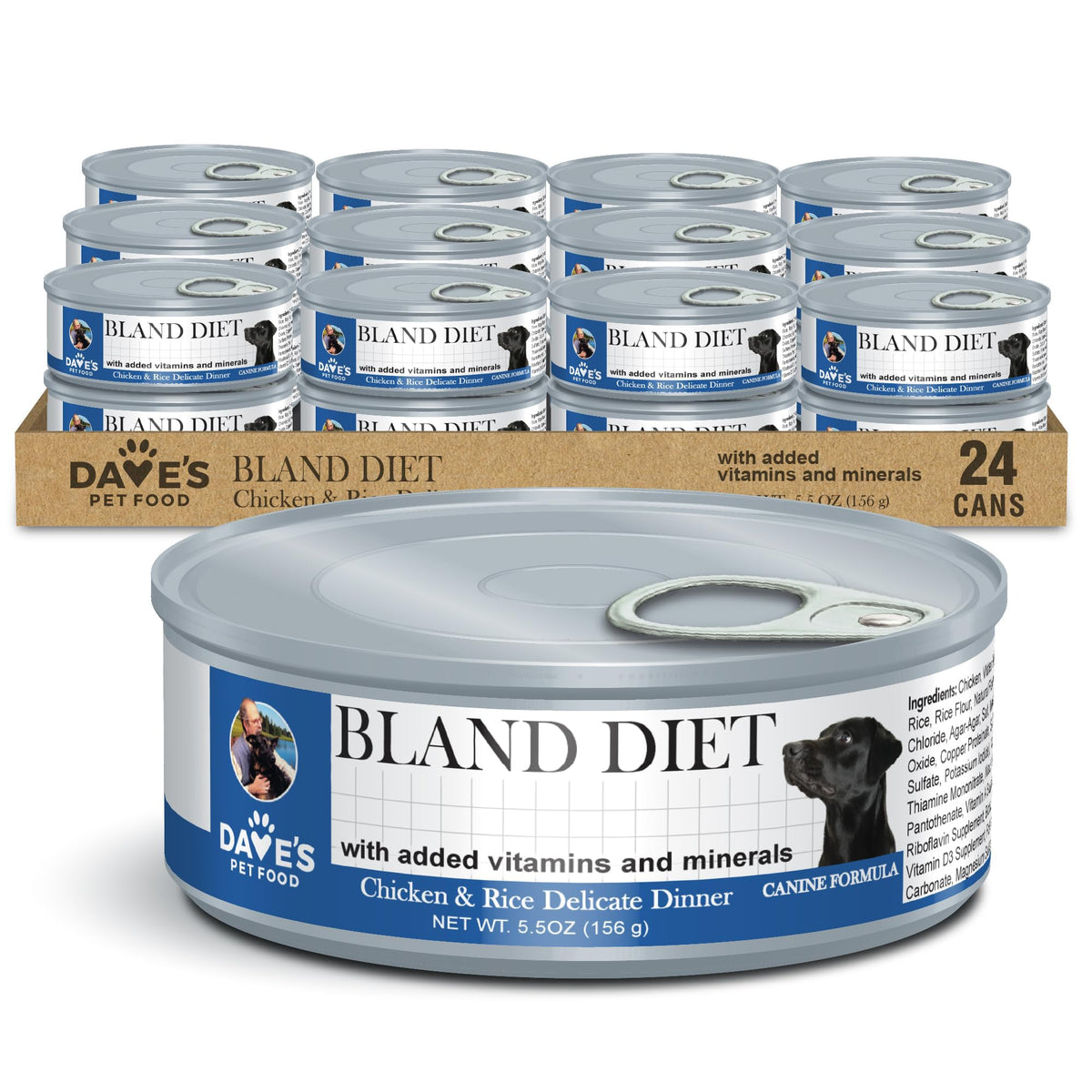 Dave's Pet Food Sensitive Stomach wet dog food can closeup with easy-to-serve texture for delicate stomachs