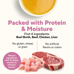 Dave's Pet Food serving suggestion with cat ready to eat, tasty texture.