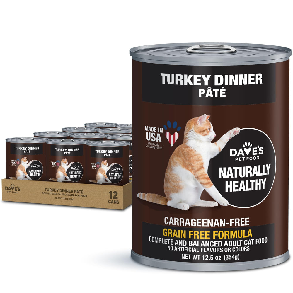 Dave's Pet Food turkey wet cat food can close-up shows grain-free nutrition for sensitive stomachs.