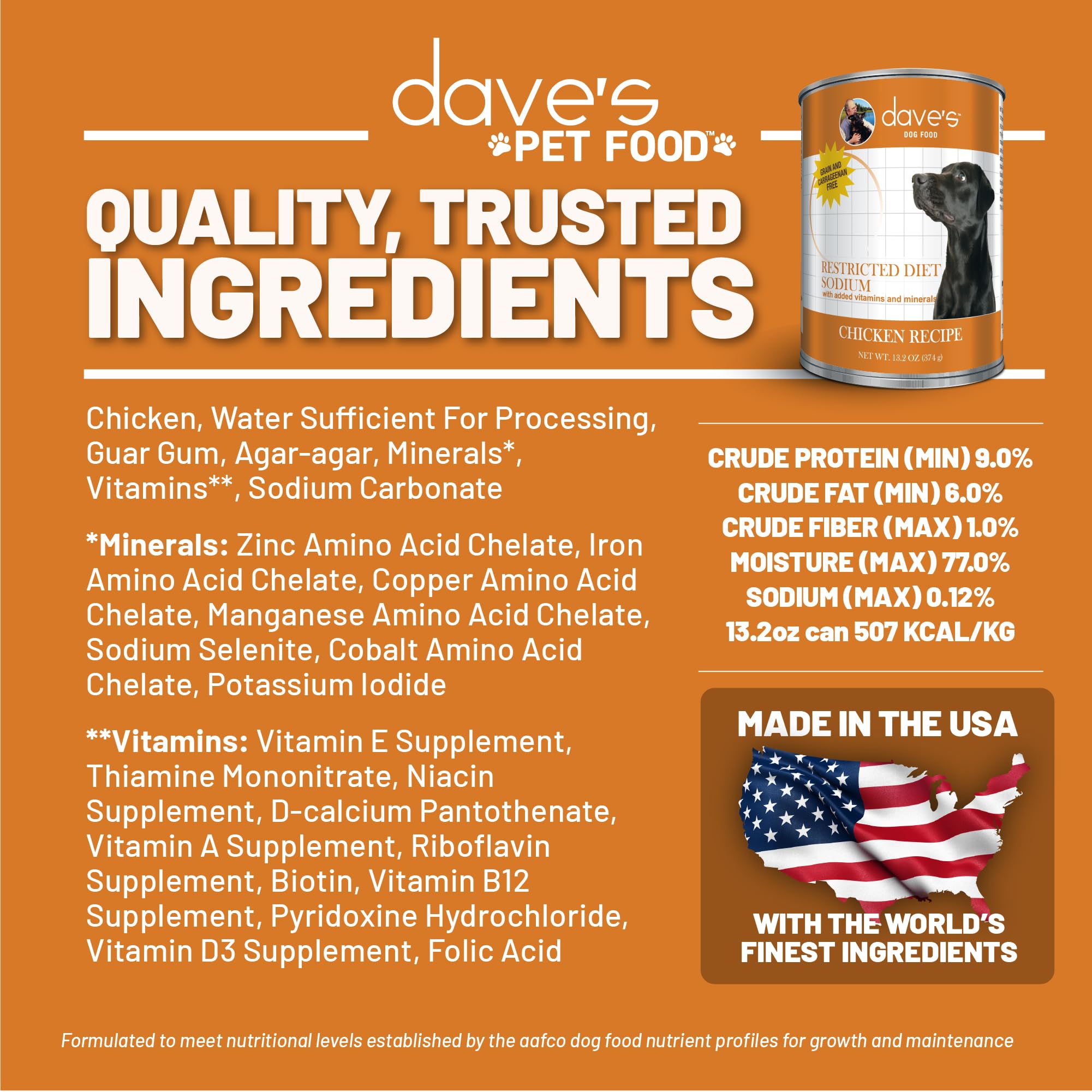 Dave's Pet Food USA-made label reinforces quality and complete nutrition for adult dogs.