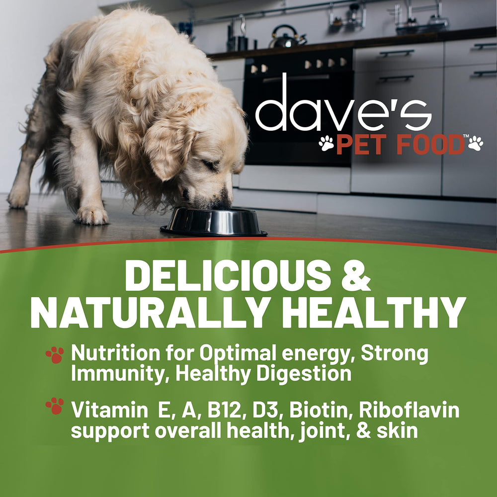 Dave's Pet Food beef and rice can closeup highlights gluten-free formula for wholesome meals