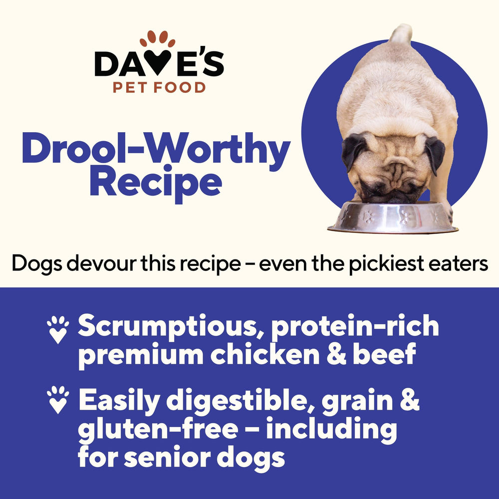 Dave's Pet Food wet dog food chicken beef closeup highlights natural ingredients