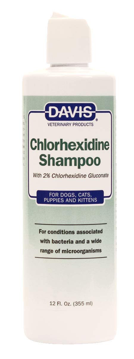 Davis Chlorhexidine Pet Shampoo bottle label highlights 2% chlorhexidine for skin care
