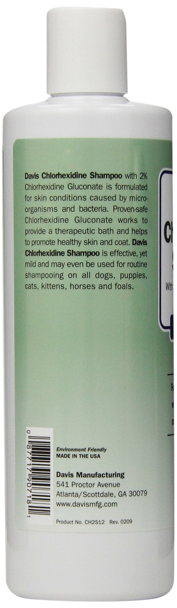 Davis Chlorhexidine Pet Shampoo bottle foaming on a dog's coat for cleansing
