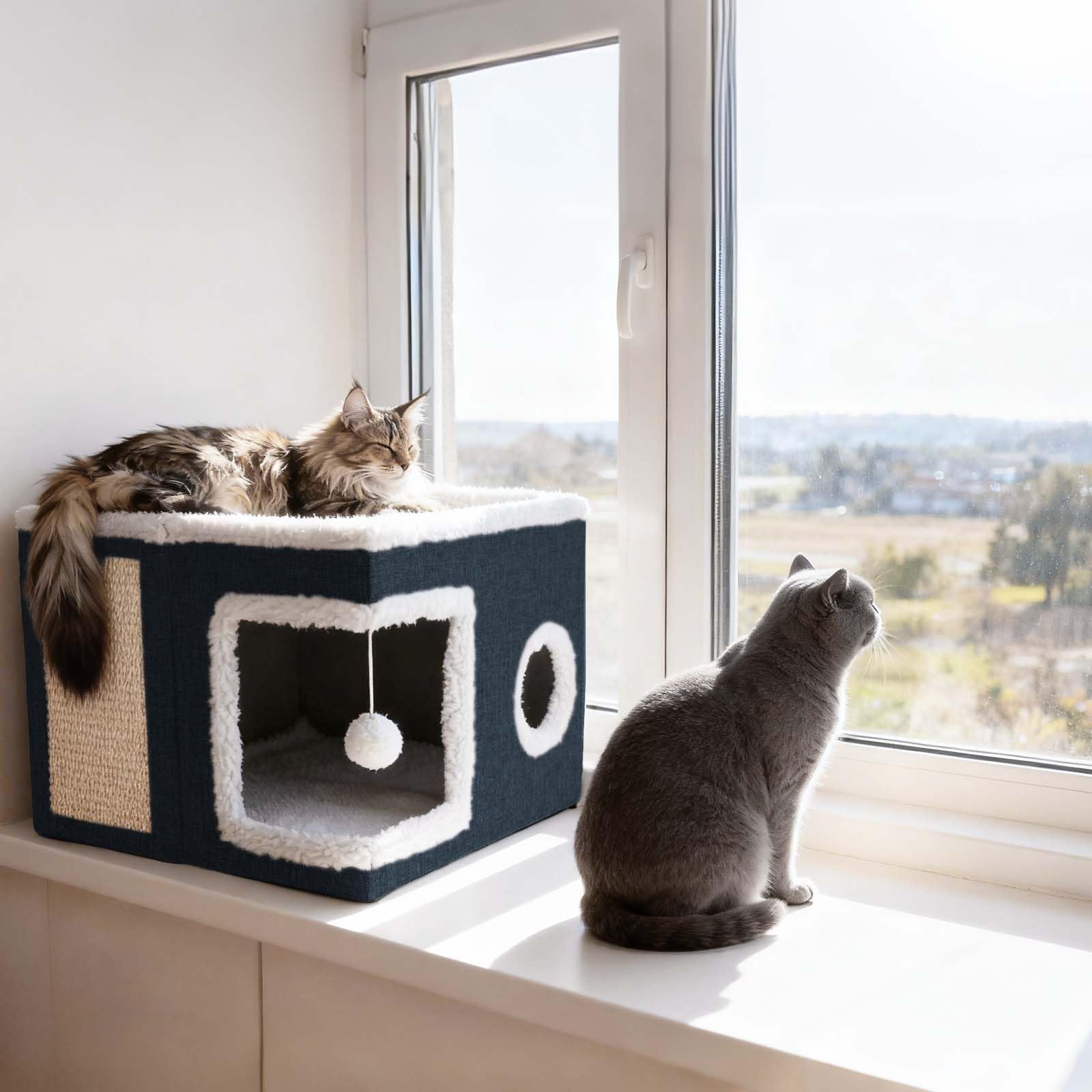 Dayacoco cat bed indoor-outdoor usage image illustrates versatile navy design.