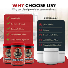 Daybreak Nutrition Fiber for Dogs dandelion root jar showing natural digestive herbs.