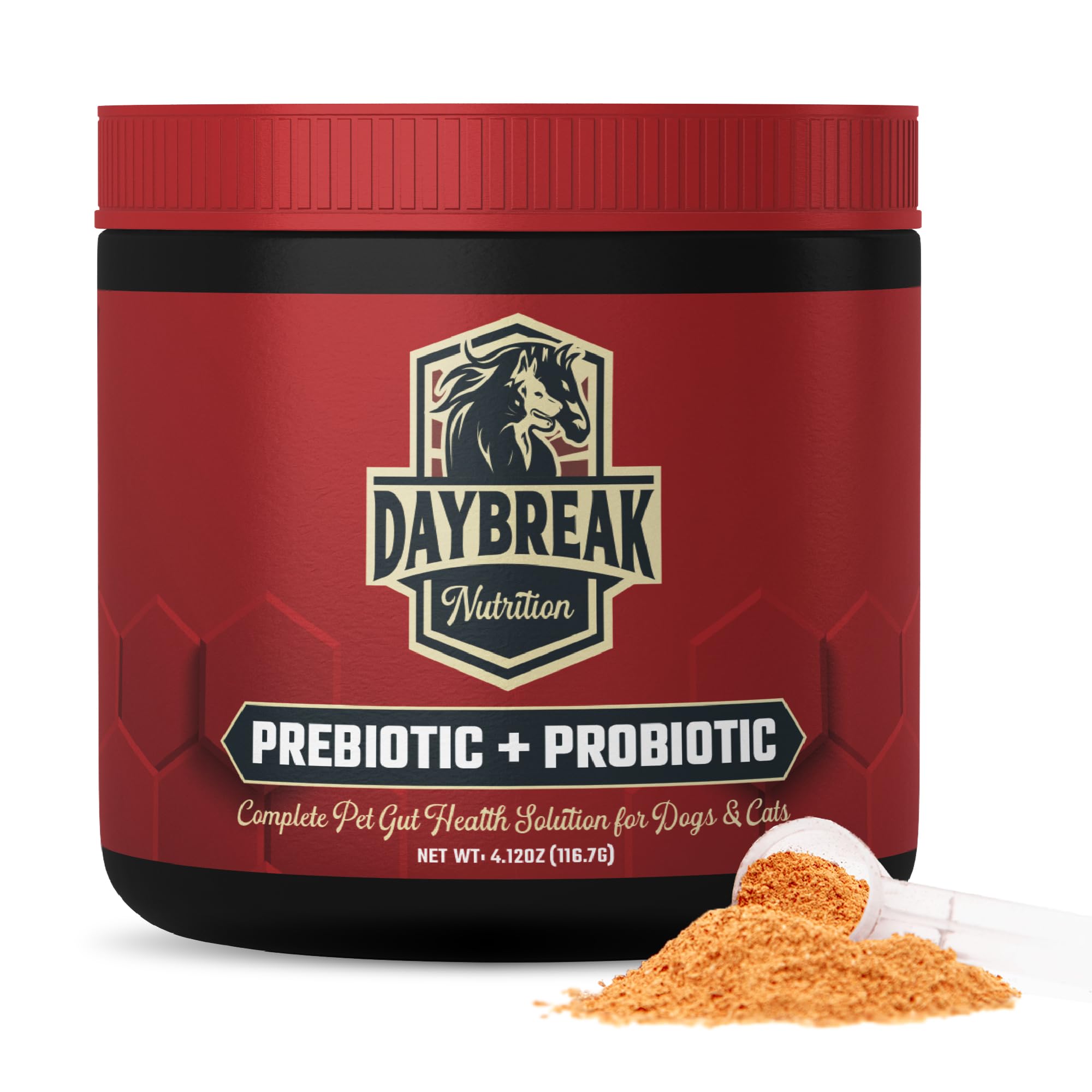 Daybreak Nutrition Probiotics en bote para mascotas; apoyo digestivo diario para gatos y perros.