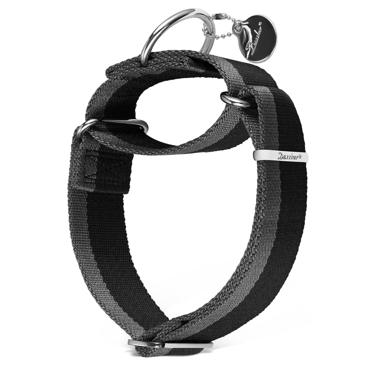Dazzber martingale collar 1-1/2 inch wide with black grey stripe for secure control.