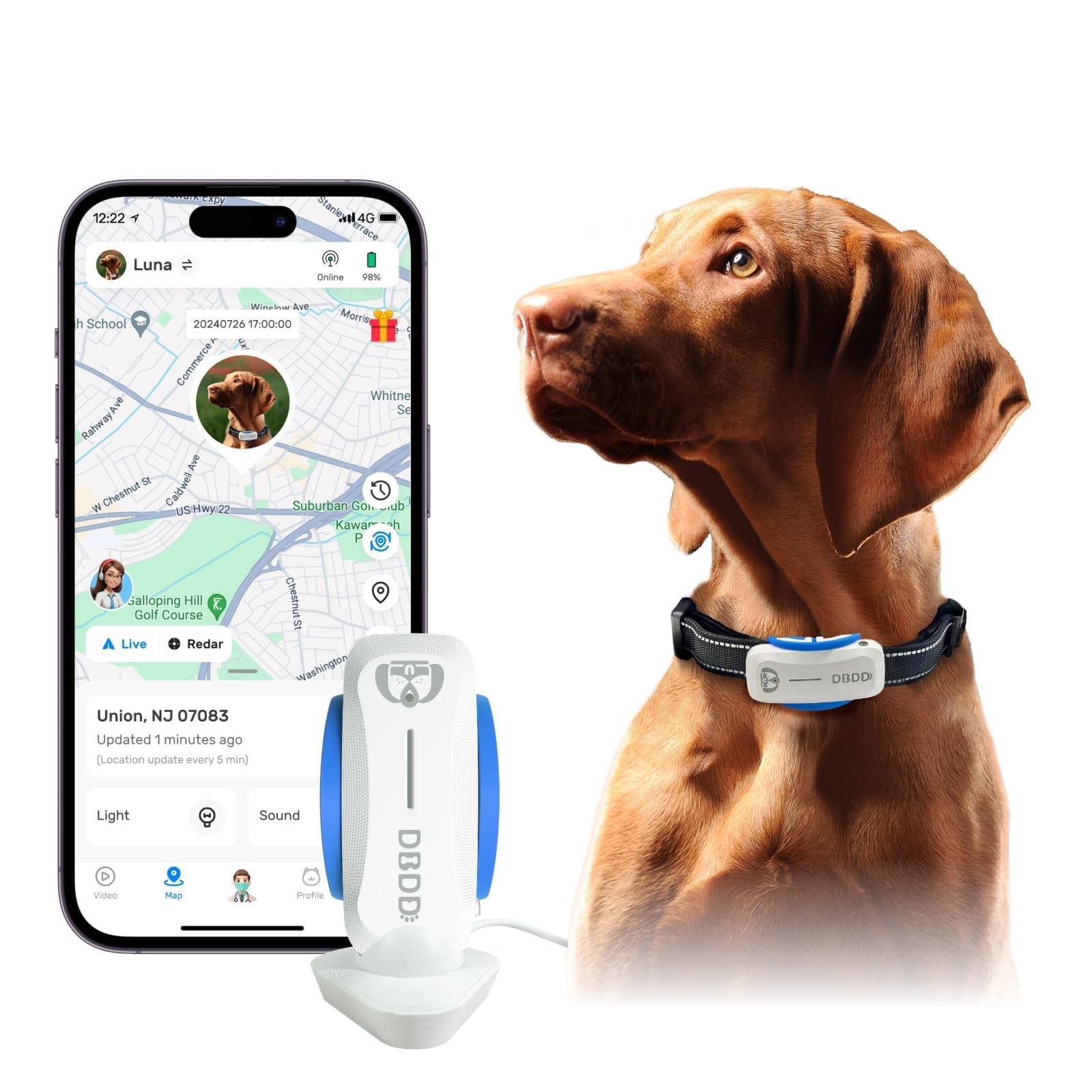 DBDD Dog GPS Tracker shows real-time location for quick, reassuring updates