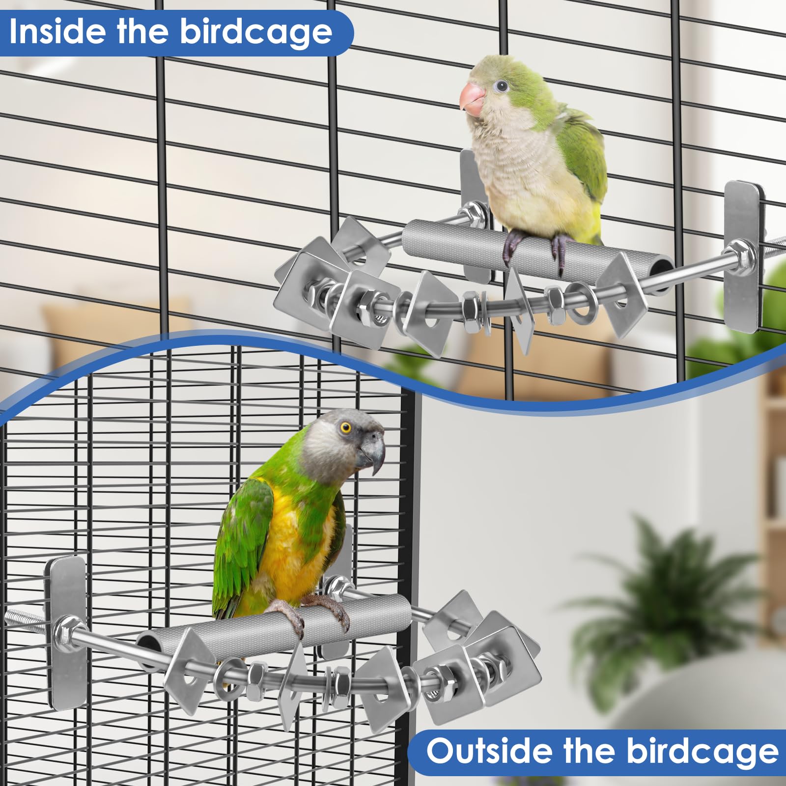DBNESS easy-install parrot perch uses nuts and screws for secure cage mounting.