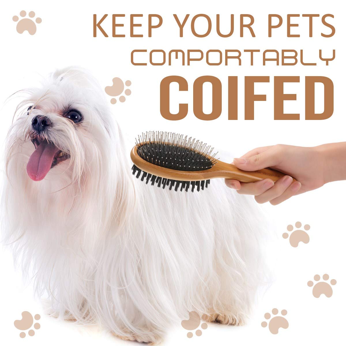 KylePet bamboo-handle ergonomic brush provides a comfortable grip during grooming.