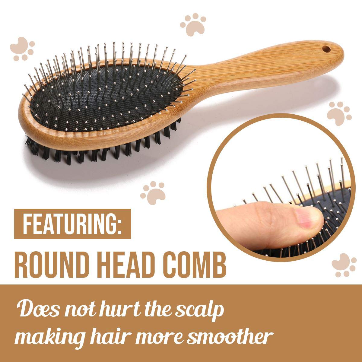 KylePet brush pin-side detangles mats with soft rounded pins for comfort.