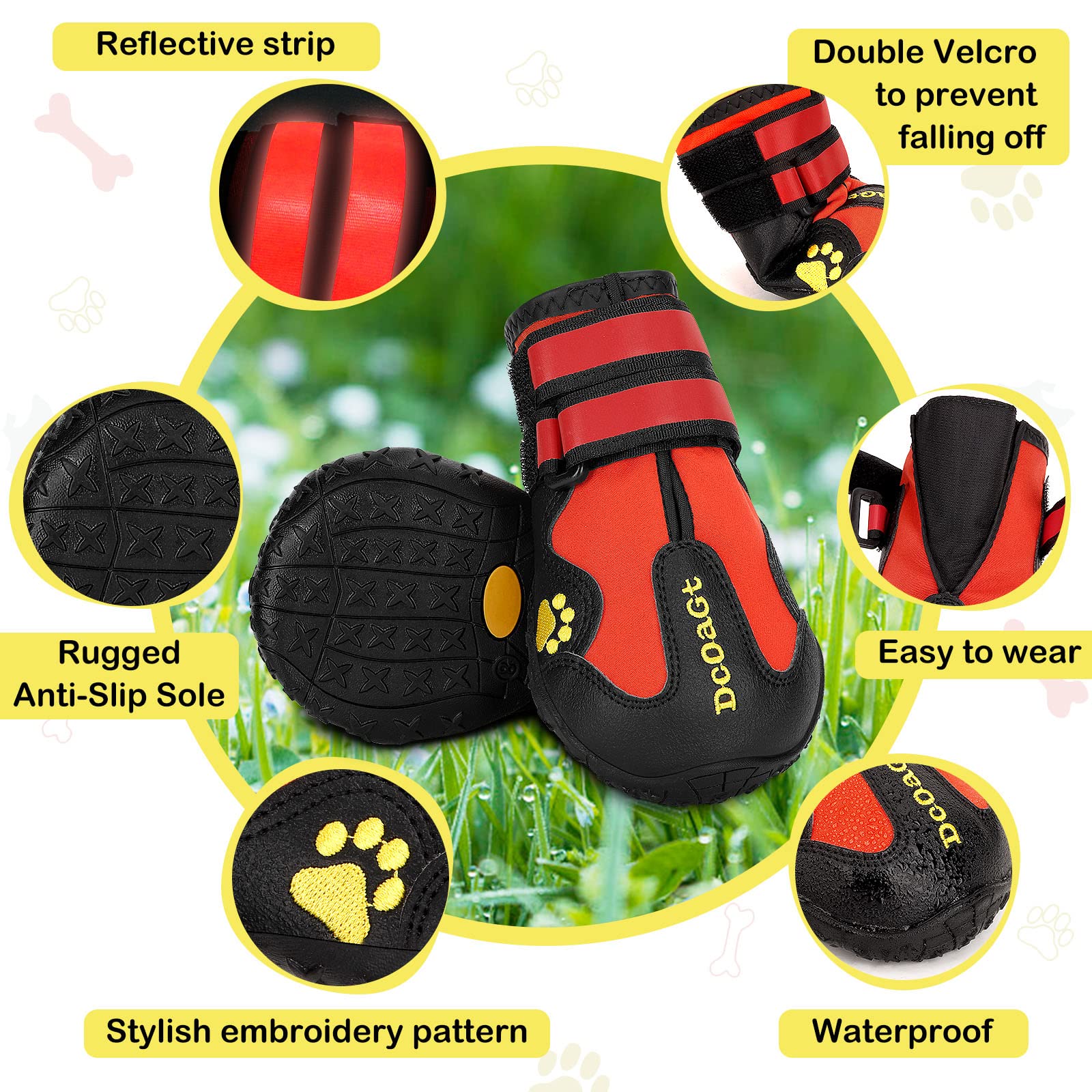 DcOaGt large-dog booties with reflective straps enhance nighttime visibility.