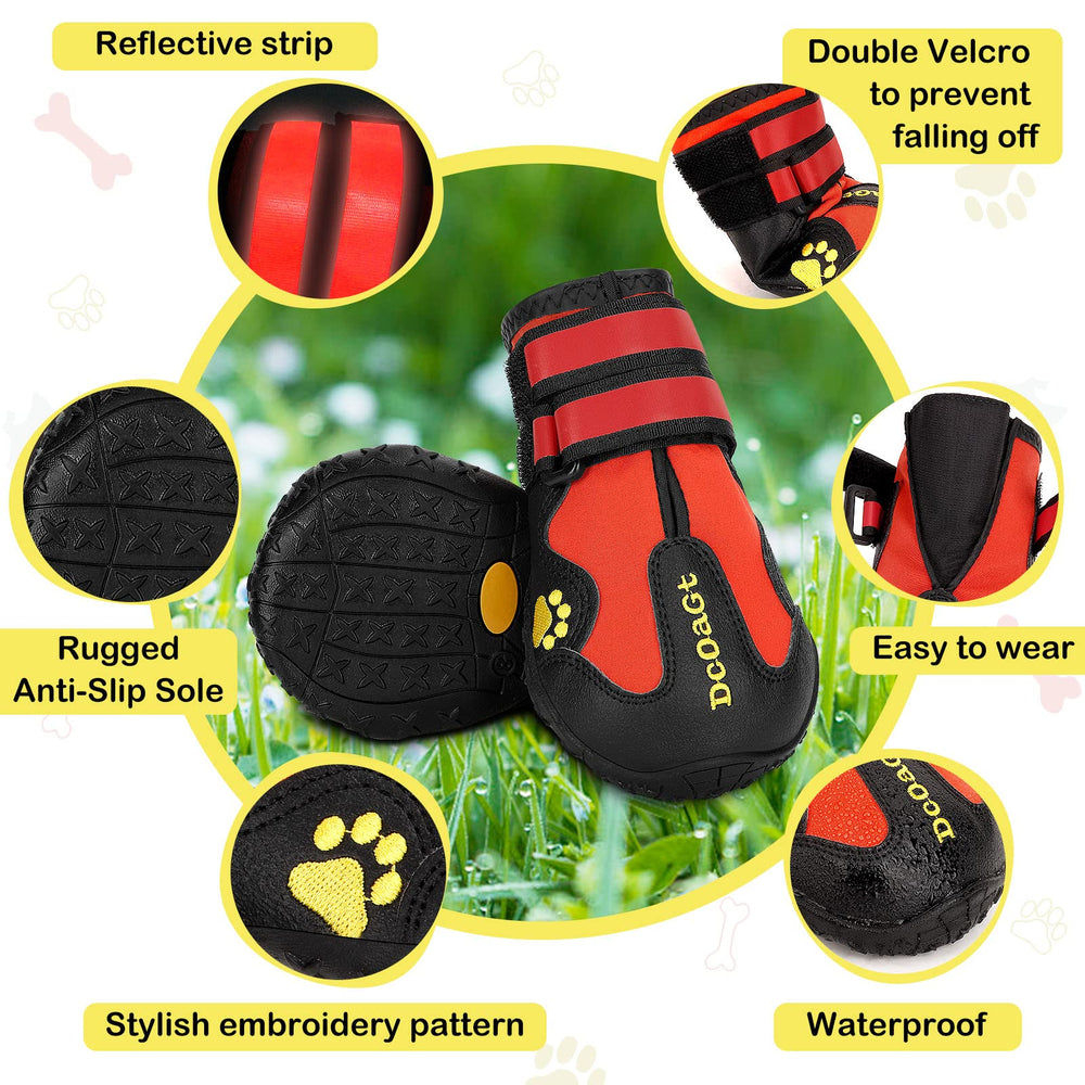 DcOaGt large-dog booties with reflective straps enhance nighttime visibility.