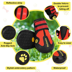 DcOaGt large-dog booties with reflective straps enhance nighttime visibility.